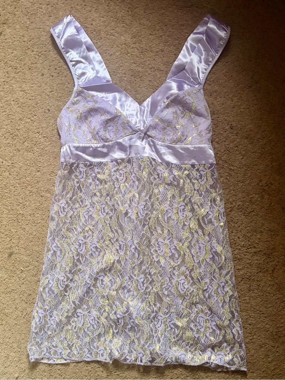 Vintage Victoria's Secret Sheer Lace Gold Shimmer Chemise Slip Dress Purple M🔥💜✨